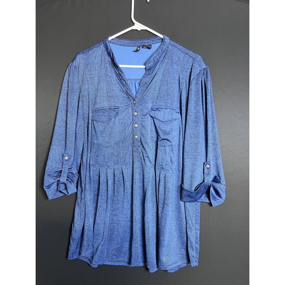 Womens Top 2X  Blue Pop Over Roll Tab Sleeve Stretch 3/4‎ Sleeve
